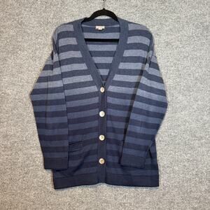 J.Jill Sweater Womens Medium Blue Striped Cardigan Pockets Cotton